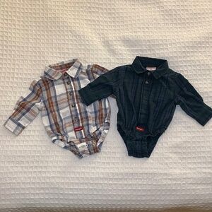 2 Wrangler Plaid Long Sleeve Button Up Onesies - Size 3M